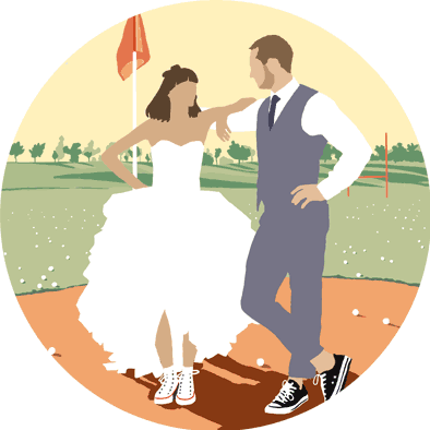 dessin de mariage au golf de Mérignies, les mariés sont sur le parcours, pour les photos