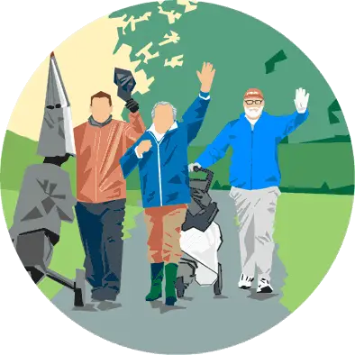 dessin des seniors de Mérignies Golf, en marche avec leur matériel de golf